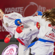Karate Vorarlberg Athletin Hanna Devigili in Aktion gegen internationale Gegnerin im Kumite minus 68 kg